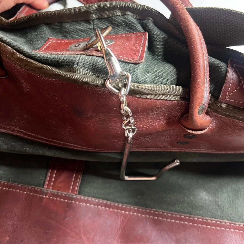 Orvis Garment Bag Vintage Canvas Leather Trim Olive Green Brown Travel Suit Bag